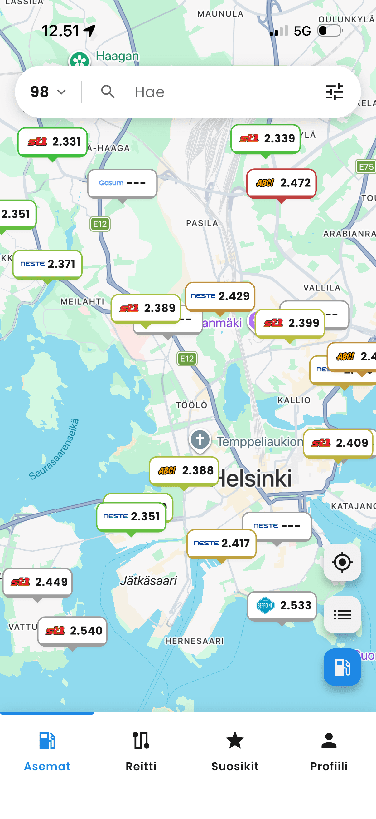 Tankille-sovelluksen kartta, jossa lähistön huoltoasemien polttoainehinnat