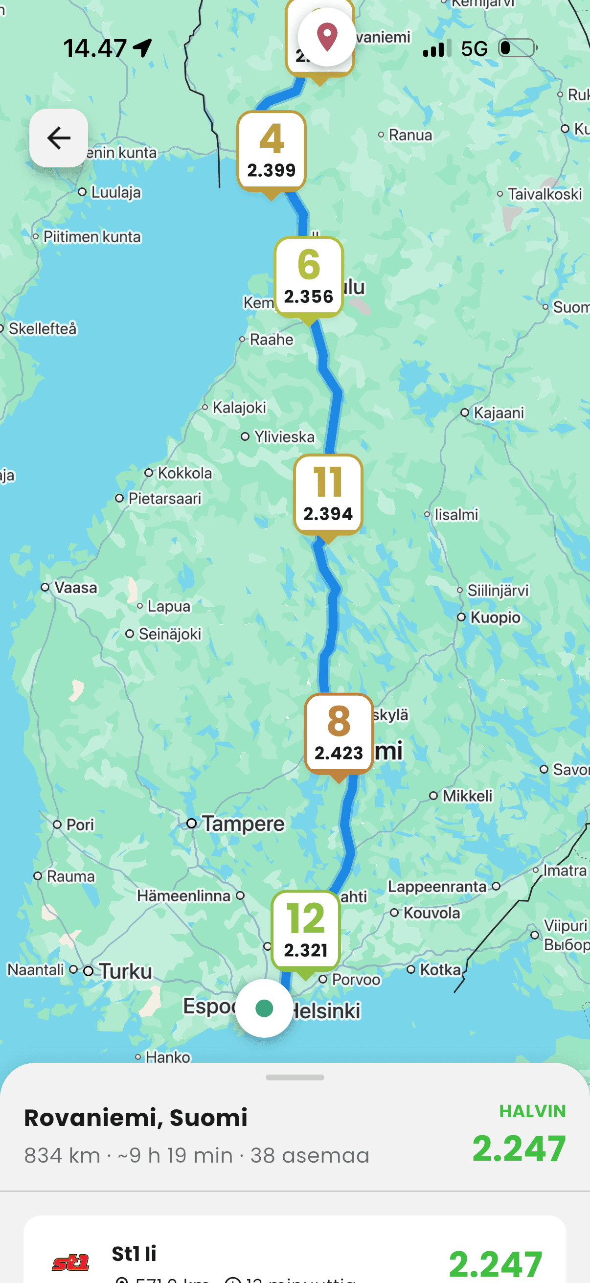 Tankille-sovelluksen reittinäkymä, jossa asemat on merkitty matkan varrelle